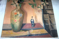 1900s Still Life Oil Painting ; Dogwood Flowers Vase Porcelain Asian Figure