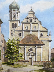 Aquarell Baroque Church Gable Parish St. Georg – Haunstetten Near Augsburg!