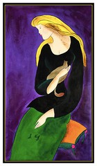 Linda Le Kinff Original Oil Painting On Canvas Signed Large Female Portrait Cat