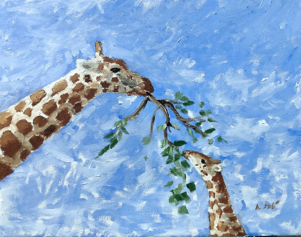 Oil Painting Giraffe Mother Child Africa Animal Wildlife Art A. Joli