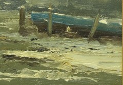 Oil painting „winter evening“ Helmut Reuter Düsseldorf oil on wood 30.0 x 24.0 cm