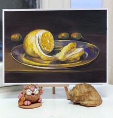 Original gouache painting „Lemon Still Life“, Dutch still life, A4 format.