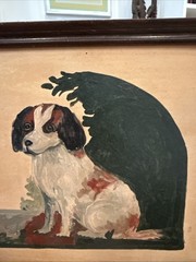 Vintage Folk Art Cavalier King Charles Spaniel Dog Portrait Oil Painting Framed
