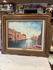 Large 28×24” Framed Real Signed Oil Painting Grand Canal Italy Sea Ocean Venice