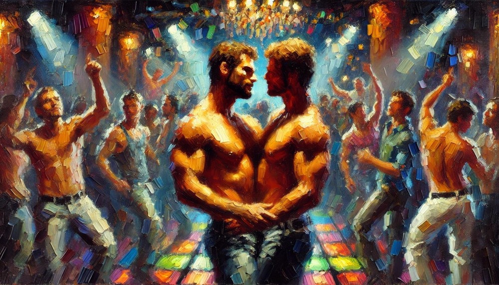 Original gay LGBTQ art painting „Club Hookup“ signed by the artist, Large Size