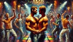Original gay LGBTQ art painting „Club Hookup“ signed by the artist, Large Size