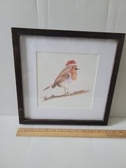 Robin Bird Watercolor Wall Art Santa Hat Winter Framed 12×12 Rustic Nature