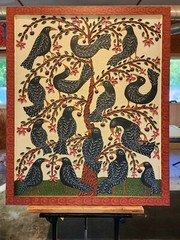 Danette Sperry Southern Primitive Crow Bird Folk Art Painting „Cherry Paradise „