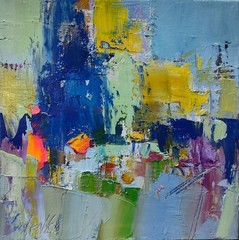 Original oil painting 8″x8″, Abstraction, Contemporary art, Yellow, Blue, Expres