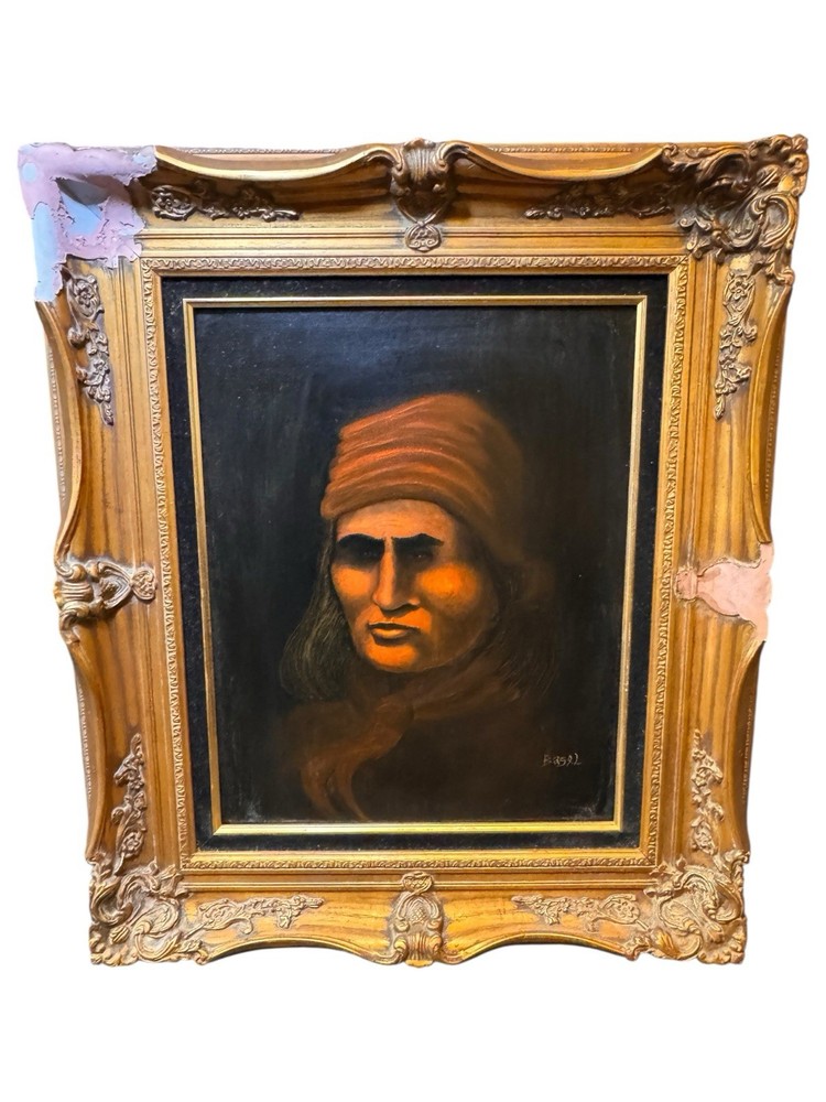 Mid Century OIL PAINTING Native American Signed Basel Framed Nez Perce? 30 x 25”