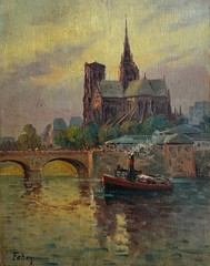 Jean Fabry, Antique French Oil Painting Paris Notre-Dame Cathedral Seine Signed