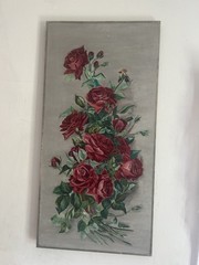 Vertical Antique Oil Painting On Canvas of Roses Still Life Circa Late 1800s