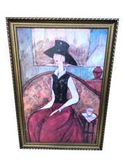 Woman in Black Hat Red Skirt Modern Impressionist Art Framed Portrait Painting