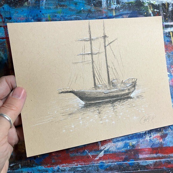 Original Ship Realism Painting Schooner Sailboat Nautical Art Pastel Charcoal