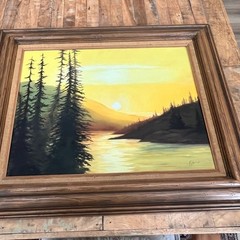 Oil Painted Landscape of a Sunset Over Water w Trees Wood Frame 18 x 24″ Gloria