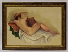 Circa 1950, old painting after Pierre Bonnard (1867–1947), nude, oil.