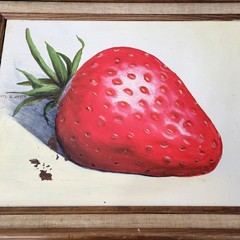 Giant Strawberry Still Life Painting with Rustic Wood Frame