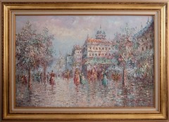 Grand Impressionist Oil Painting Signed Parisian Street Scene 31×43″ Framed