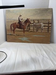 Original Oil Painting on Hardboard Panel Signed Ray Hampton Western Cowboy Scene