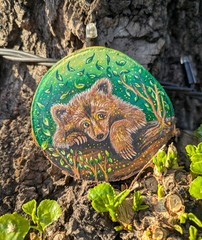 Original Two Sided Bear Cub Wood Slice Art Handmade, Forest Art, 9×8,4 cm.