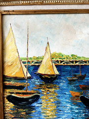 VintageGold Framed Oil Painting, Sailboat Running on Summer Sea Vibrant Blue