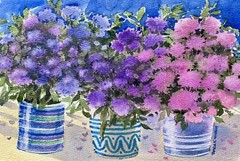 Pamela Wilhelm Original Watercolor, Blue Pots Of Hydrangea Flowers Pink purple