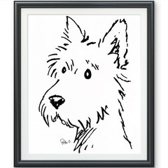 Curious Original Westie Terrier Ink Drawing 14×11 Signed Dog Home Wall Decor Art