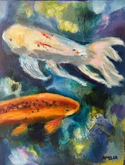 Koi Fish Pond Oil Mixed Media Painting Original Art OOAK Wall Art Decor 11×14