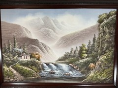 R Boren Oil Painting Landscape Mountain View Cabin River Waterfall Side Framed
