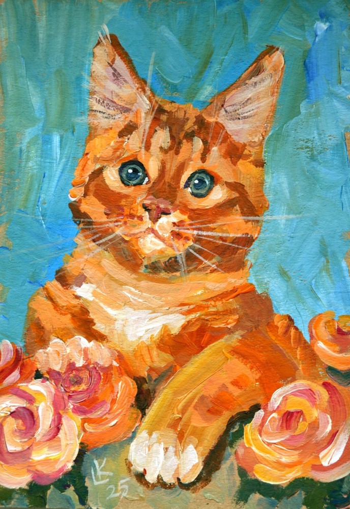 Ginger Tabby Cat Original Painting 9×6 Signed Artwork Collectible