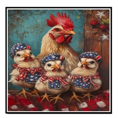 Mother Hen and Chicks in Patriotic Hats Americana Farm Art