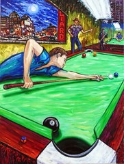 REACHIN Pool Room Table Art Arthur Robins Painting NYC Billiards Cue Ball 8-Ball