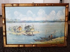 Early 1970s Expressionist Oil Painting Of Nigerian Fishing Village On the Water