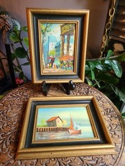 Pair Vintage Mexican Signed Original Oil Paintings Framed Impasto Artwork Harbor