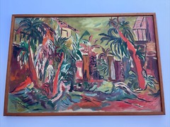 LARGE PAINTING MID CENTURY LANDSCAPE COASTAL TROPICAL PALMS MODERNIST MYSTERY