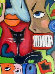 Abstract Cubism Face Art Large Vibrant Colorful Painting Original Modern Art