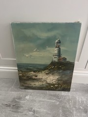 Vintage Canvas Brian Roche Seascape Lighthouse Coastal Original Oil Painting