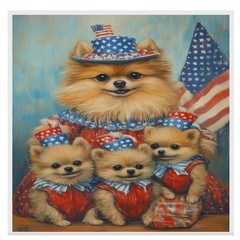 Patriotic Pomeranian Dog Family Canvas Wall Art July 4th Decor