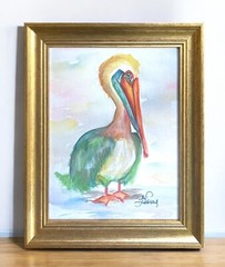 Colorful Pelican watercolor print of a painting framed, has a stand & hinge