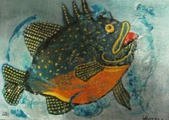 A1238 ORIGINAL ACRYLIC ACEO PAINTING BY LJH „PUFFER FISH“