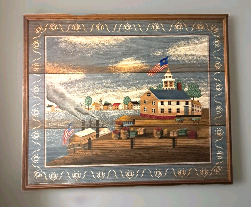 Signed Huntington Canvas Oil Painting Folk Art Wood Frame 38×46 in Colonial US