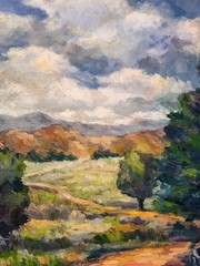 Large Oil Painting Landscape Trees Fields Mountains Clouds Path Signed Donalee
