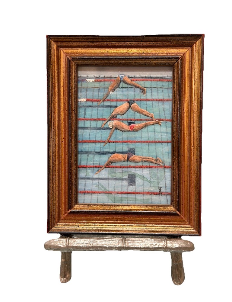 Vintage Signed Jam Swimmers Miniature Oil Painting Gold Frame