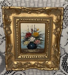 Vintage Miniature Gold Framed Oil Painting Still Life Flowers Vase 4.5”x4”