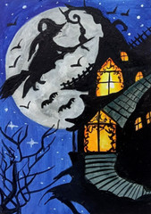 ACEO ORIGINAL HALLOWEEN WITCH PAINTING MAGIC HAUNTED HOUSE NIGHT ANIMAL MOON ART