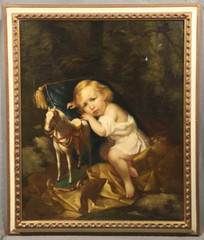 19th Century Beautiful Portrait of a Young Boy with His Toy Horse