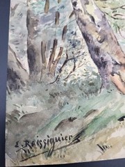 Antique E Raissiguier French Landscape Watercolor Painting Birch Peasant Woman