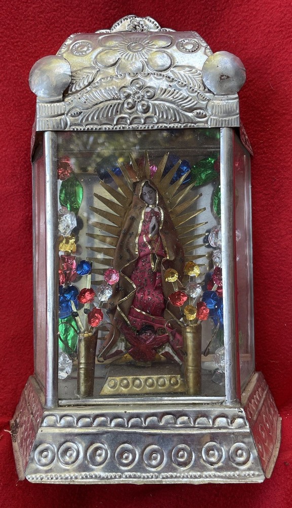 Mexican Folk Art Fabulous Virgin Of Guadalupe Tin & Glass Shrine From Oaxaca