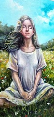Original Painting Meditation Woman and Nature Artwork, Woman Portrait, Ukraine