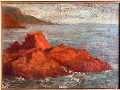 1920s French Impressionism Original Oil on Board Signed Seascape Red Rocks Sea